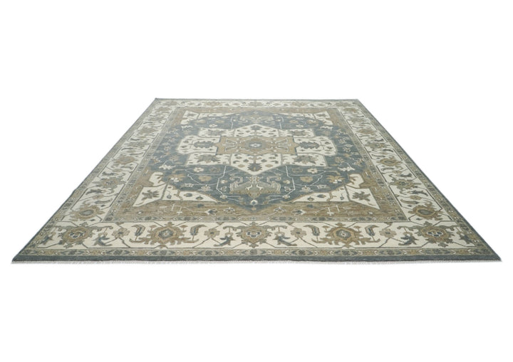 Palace Slate, Ivory, Beige Color Hand Knotted Oushak Wool  Oriental Rug