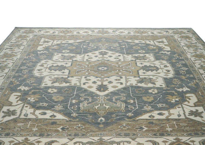 Palace Slate, Ivory, Beige Color Hand Knotted Oushak Wool  Oriental Rug