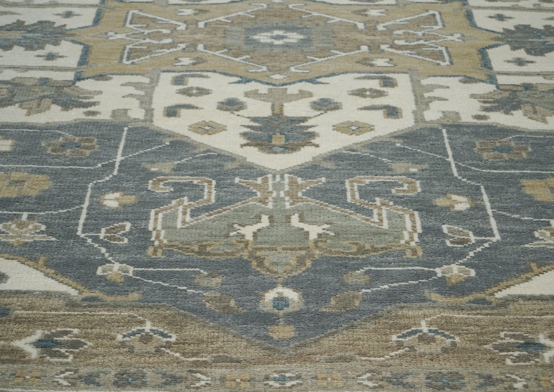 Palace Slate, Ivory, Beige Color Hand Knotted Oushak Wool  Oriental Rug