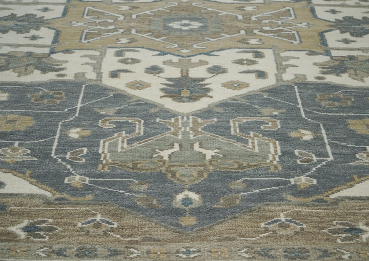 Palace Slate, Ivory, Beige Color Hand Knotted Oushak Wool  Oriental Rug