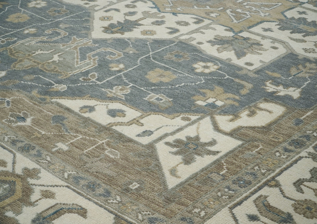 Palace Slate, Ivory, Beige Color Hand Knotted Oushak Wool  Oriental Rug