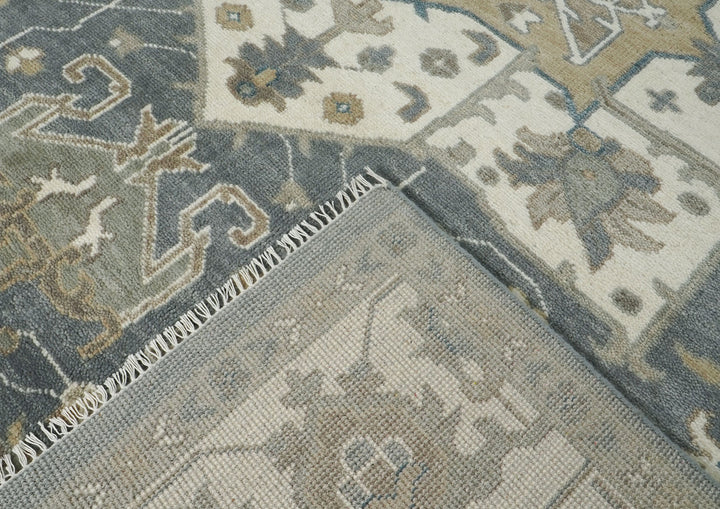 Palace Slate, Ivory, Beige Color Hand Knotted Oushak Wool  Oriental Rug