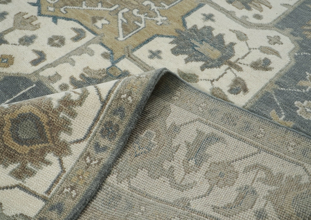 Palace Slate, Ivory, Beige Color Hand Knotted Oushak Wool  Oriental Rug
