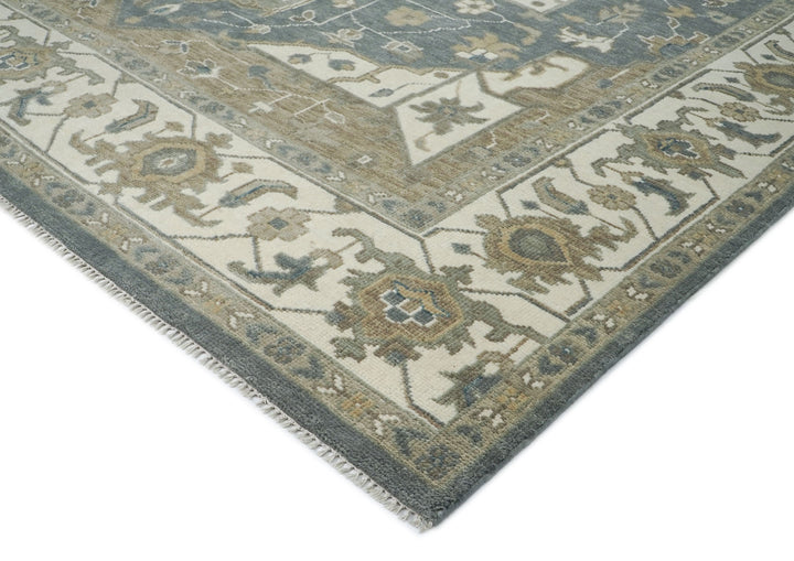 Palace Slate, Ivory, Beige Color Hand Knotted Oushak Wool  Oriental Rug
