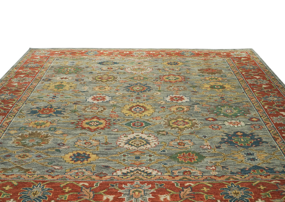 12x15 Gray, Blue, Burnt Orange Color Hand Knotted Oushak Wool Arts and Crafts Oriental Rug