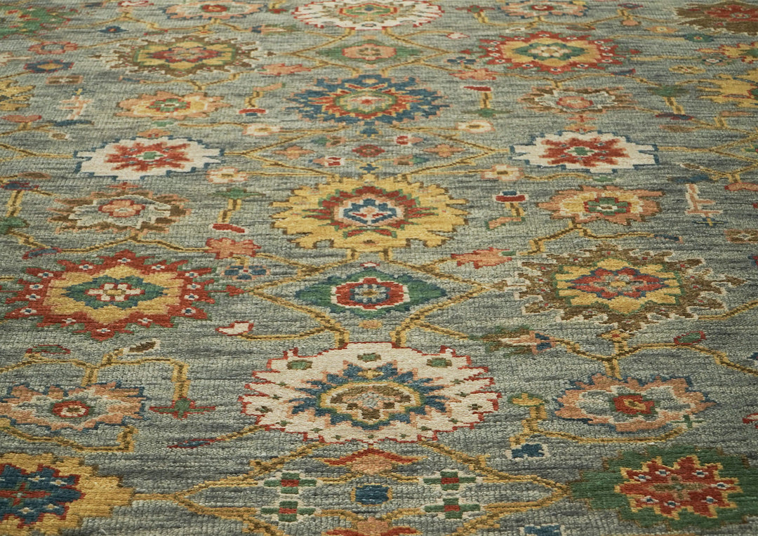 12x15 Gray, Blue, Burnt Orange Color Hand Knotted Oushak Wool Arts and Crafts Oriental Rug