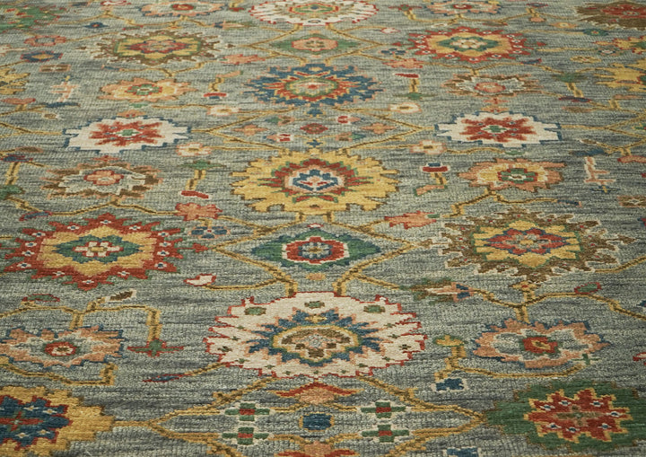 12x15 Gray, Blue, Burnt Orange Color Hand Knotted Oushak Wool Arts and Crafts Oriental Rug