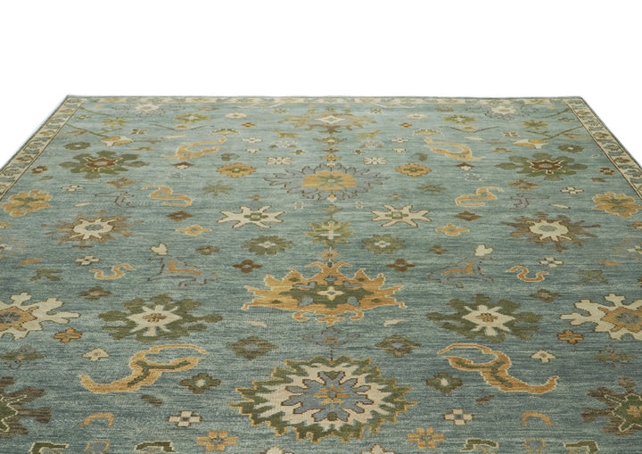 Palace Celadon, Beige, Lime Color Hand Knotted Oushak Wool Transitional Oriental Rug