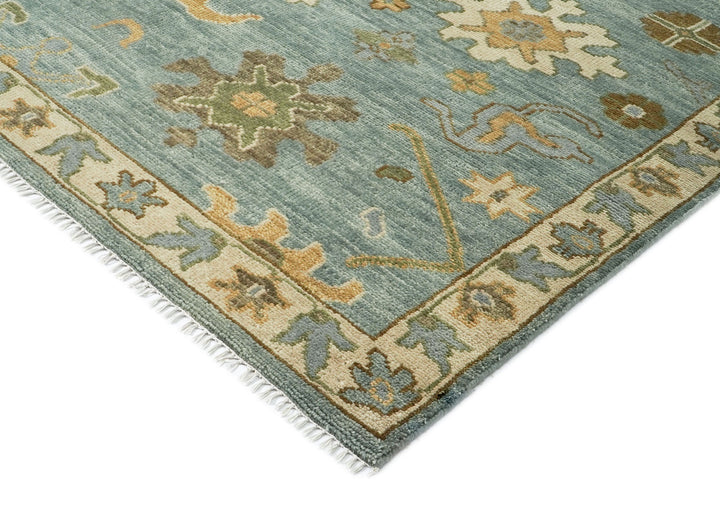 Palace Celadon, Beige, Lime Color Hand Knotted Oushak Wool Transitional Oriental Rug