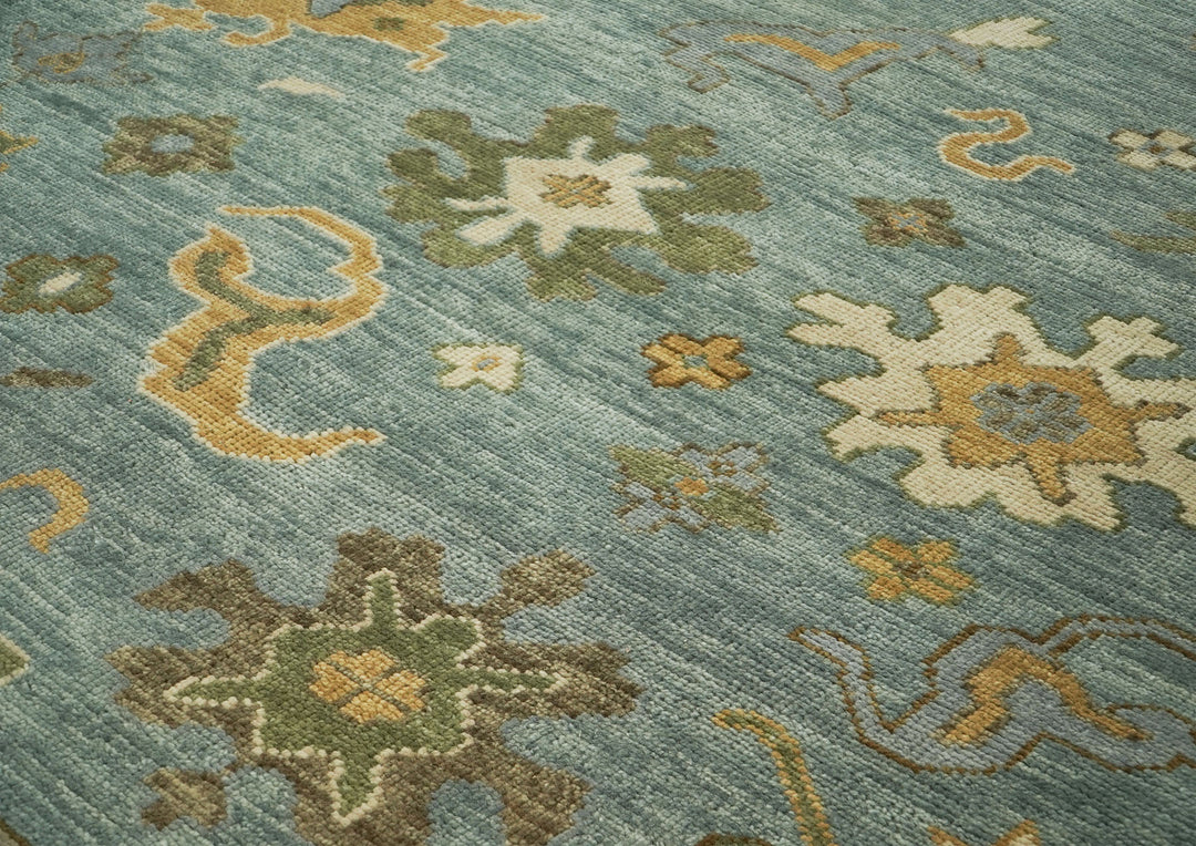 Palace Celadon, Beige, Lime Color Hand Knotted Oushak Wool Transitional Oriental Rug