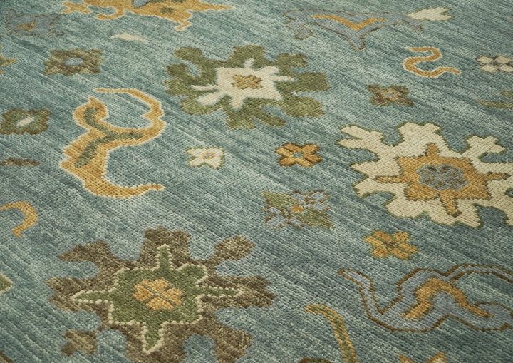 Palace Celadon, Beige, Lime Color Hand Knotted Oushak Wool Transitional Oriental Rug