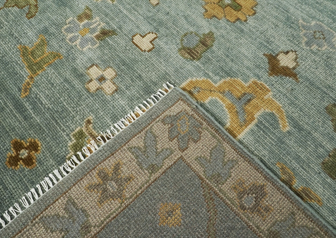 Palace Celadon, Beige, Lime Color Hand Knotted Oushak Wool Transitional Oriental Rug