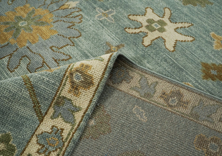 Palace Celadon, Beige, Lime Color Hand Knotted Oushak Wool Transitional Oriental Rug