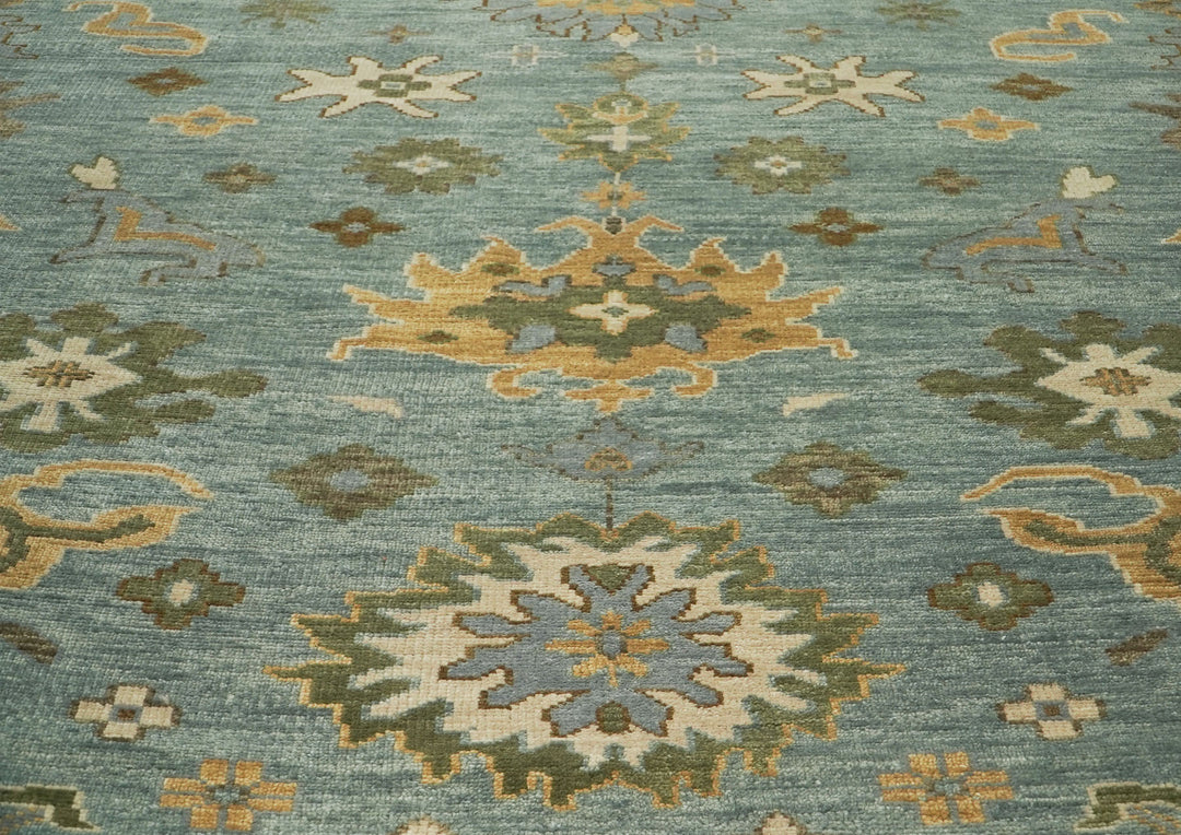 Palace Celadon, Beige, Lime Color Hand Knotted Oushak Wool Transitional Oriental Rug