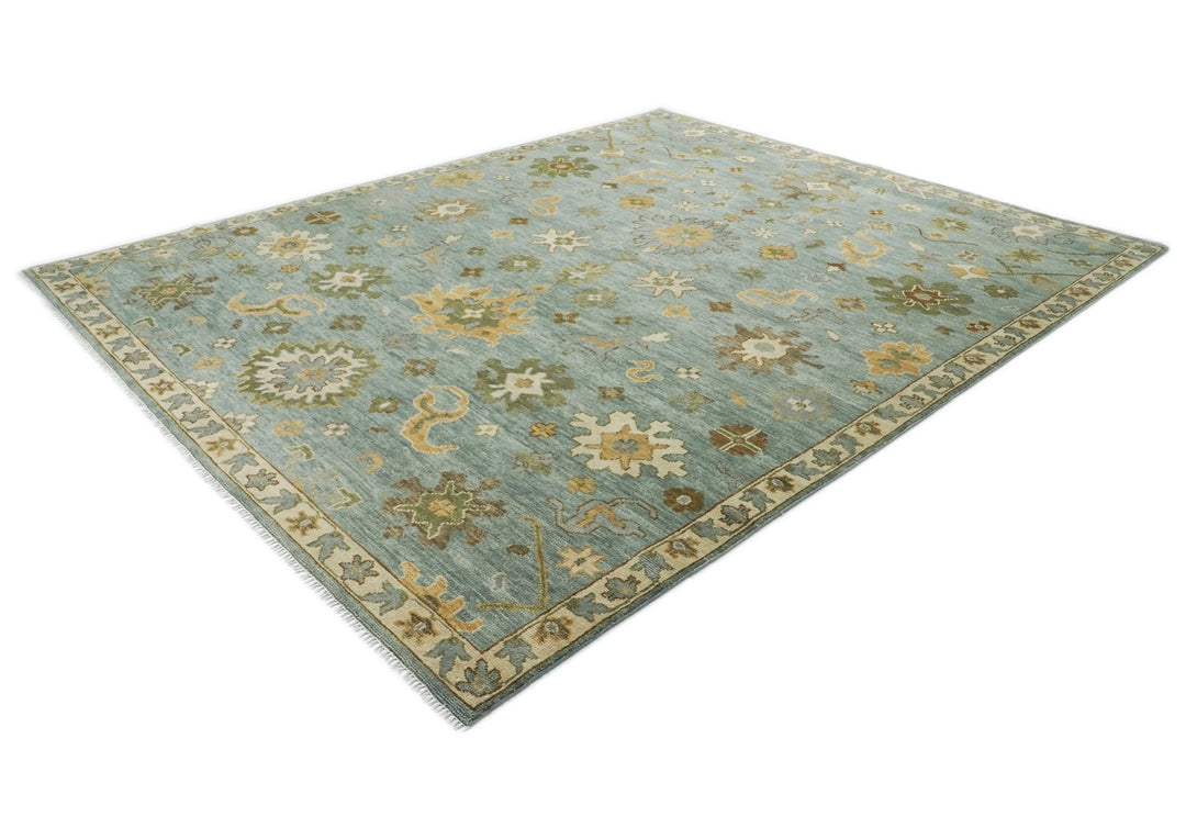 Palace Celadon, Beige, Lime Color Hand Knotted Oushak Wool Transitional Oriental Rug