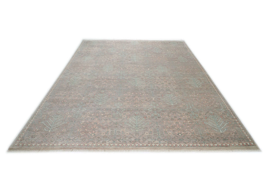 12x15 Rose, Aqua, Gray Color Hand Knotted Oushak Wool Transitional Oriental Rug