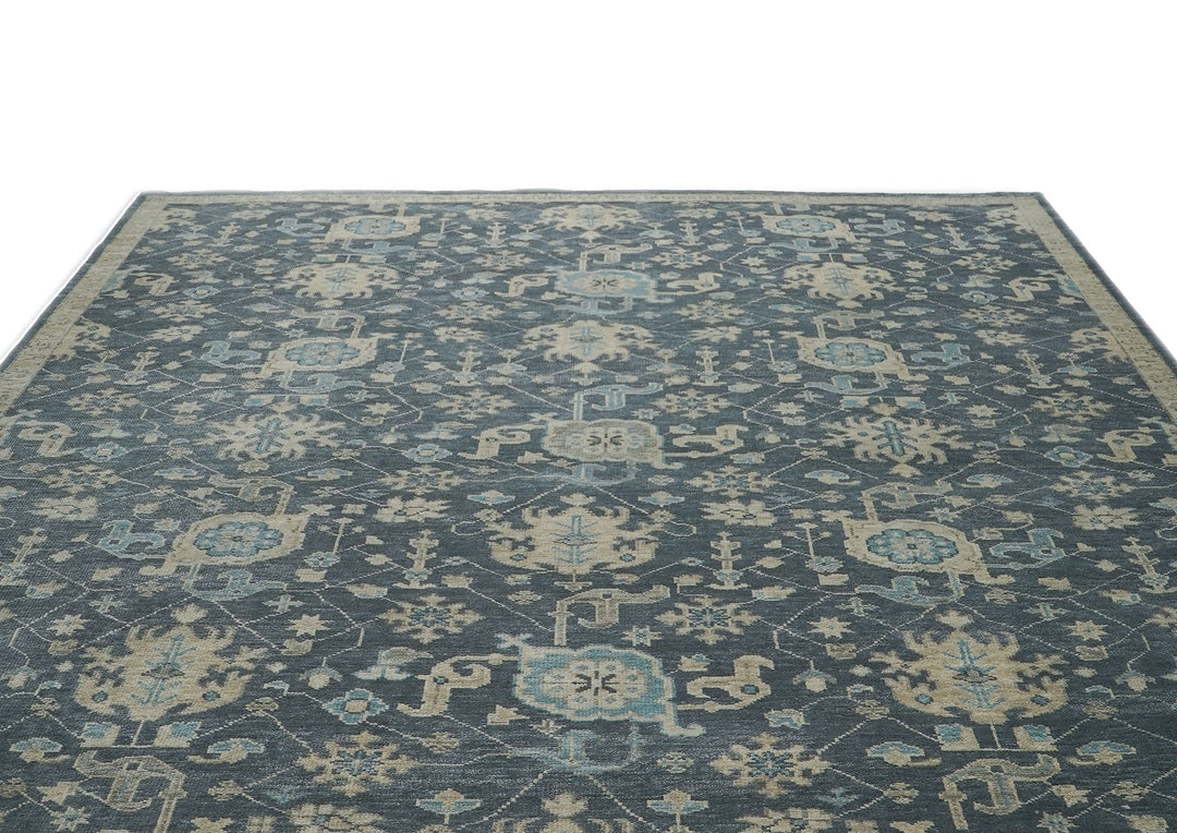 Palace Blue, Beige, Moss Color Hand Knotted Oushak Wool Arts and Crafts Oriental Rug