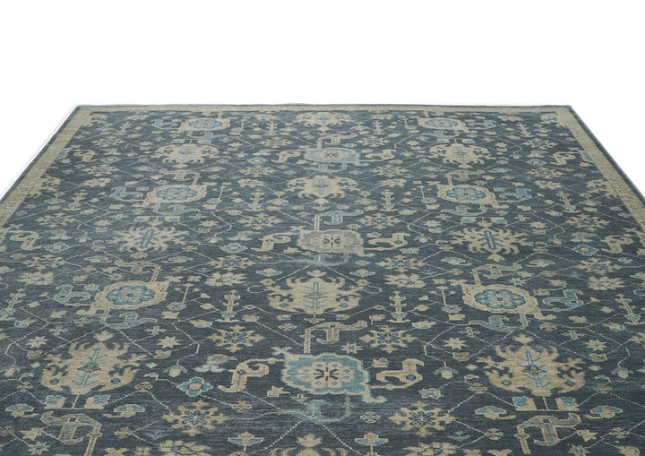 Palace Blue, Beige, Moss Color Hand Knotted Oushak Wool Arts and Crafts Oriental Rug