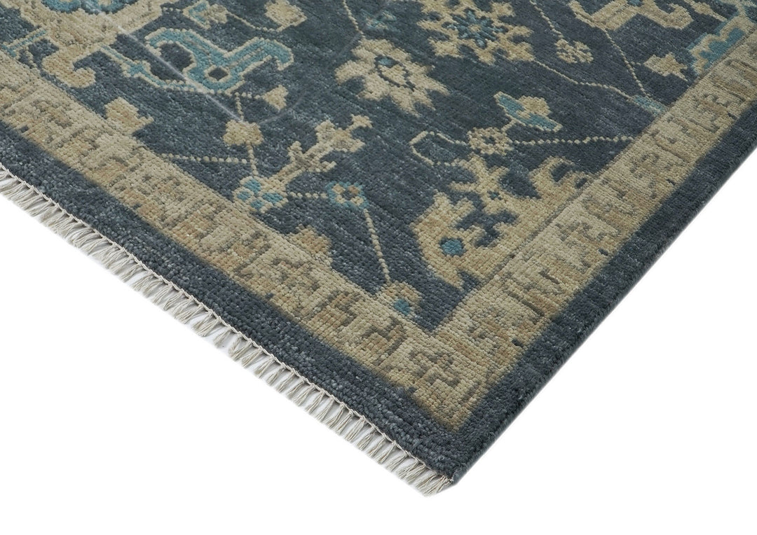 Palace Blue, Beige, Moss Color Hand Knotted Oushak Wool Arts and Crafts Oriental Rug
