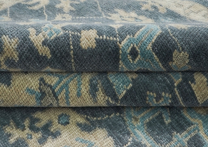 Palace Blue, Beige, Moss Color Hand Knotted Oushak Wool Arts and Crafts Oriental Rug