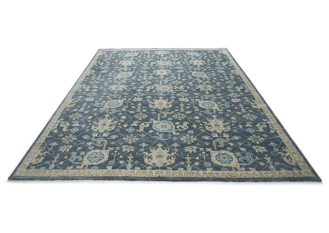 Palace Blue, Beige, Moss Color Hand Knotted Oushak Wool Arts and Crafts Oriental Rug