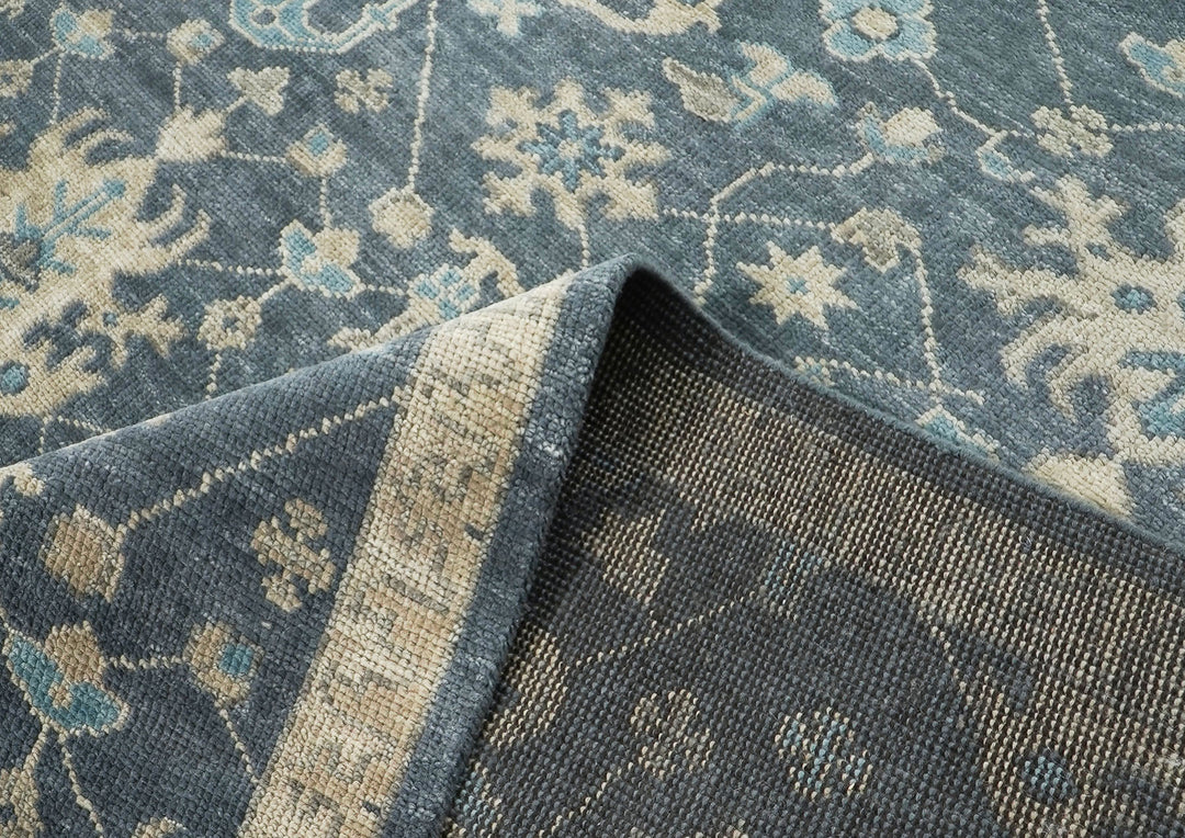 Palace Blue, Beige, Moss Color Hand Knotted Oushak Wool Arts and Crafts Oriental Rug