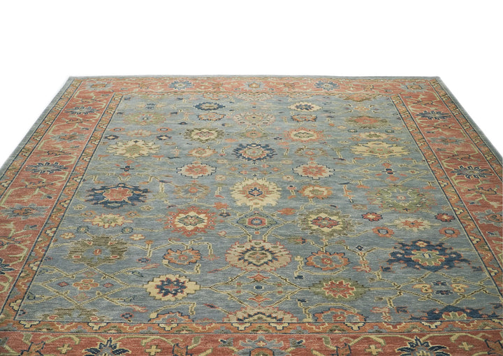 Palace Blue, Peach, Gold Color Hand Knotted Oushak Wool  Oriental Rug