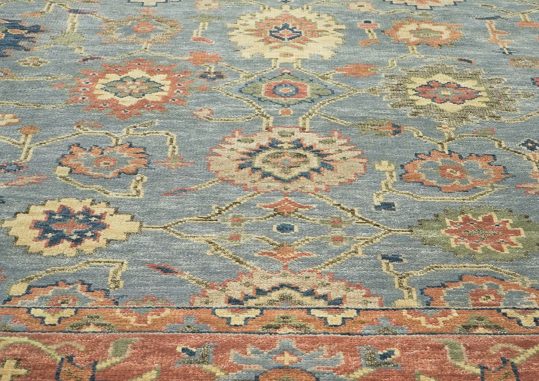 Palace Blue, Peach, Gold Color Hand Knotted Oushak Wool  Oriental Rug