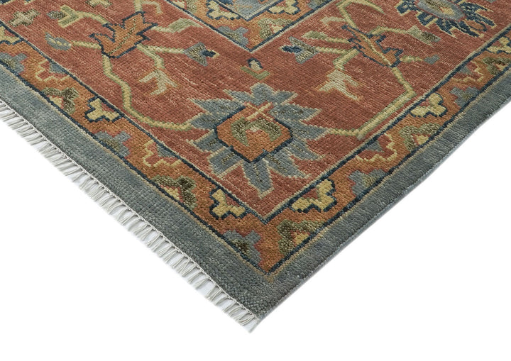 Palace Blue, Peach, Gold Color Hand Knotted Oushak Wool  Oriental Rug