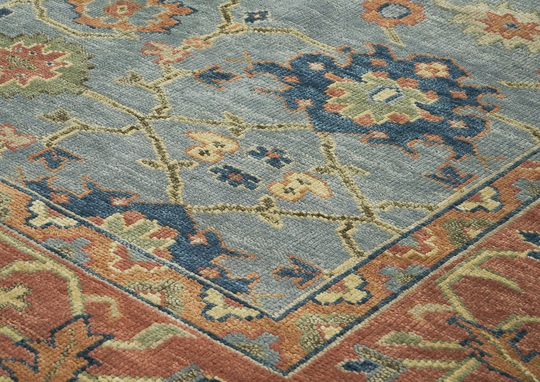 Palace Blue, Peach, Gold Color Hand Knotted Oushak Wool  Oriental Rug