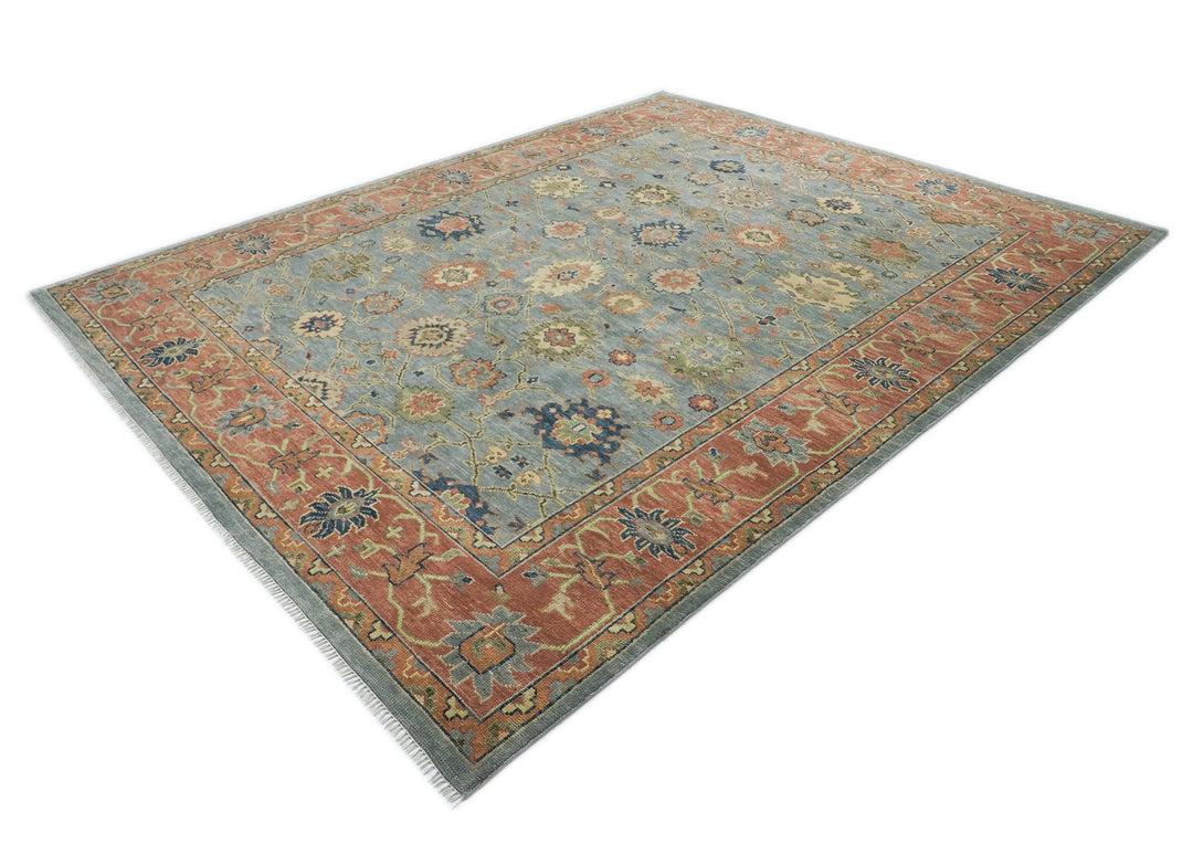 Palace Blue, Peach, Gold Color Hand Knotted Oushak Wool  Oriental Rug