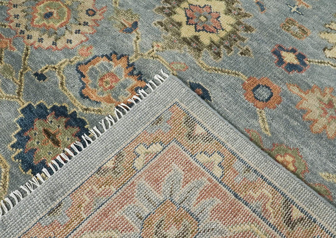 Palace Blue, Peach, Gold Color Hand Knotted Oushak Wool  Oriental Rug
