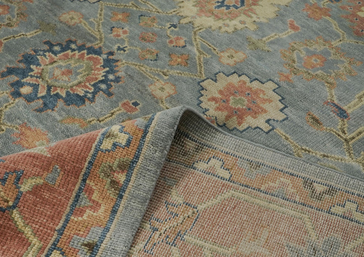 Palace Blue, Peach, Gold Color Hand Knotted Oushak Wool  Oriental Rug