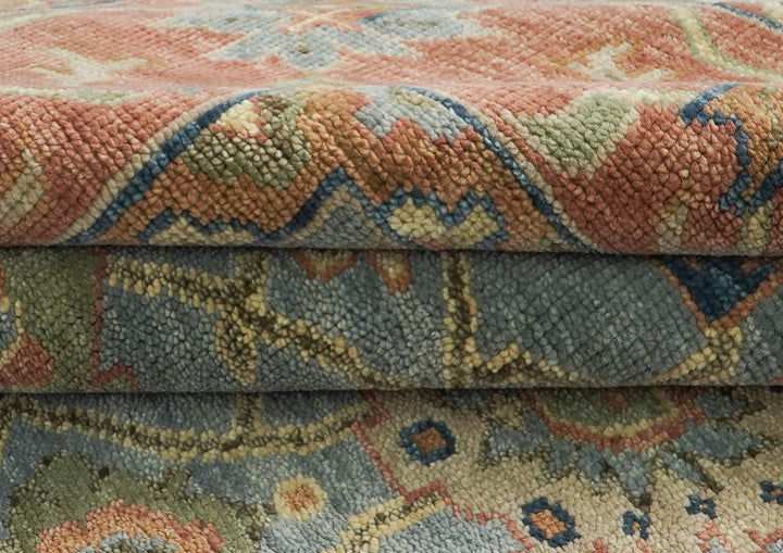 Palace Blue, Peach, Gold Color Hand Knotted Oushak Wool  Oriental Rug