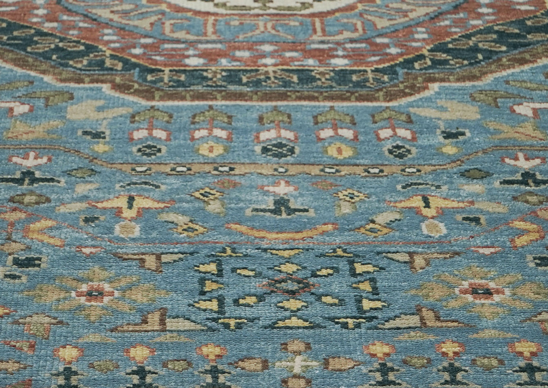 Palace Blue, Rust, Ivory Color Hand Knotted Oushak Wool Traditional Oriental Rug