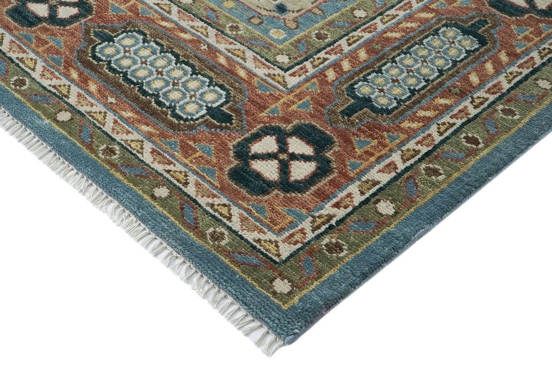 Palace Blue, Rust, Ivory Color Hand Knotted Oushak Wool Traditional Oriental Rug