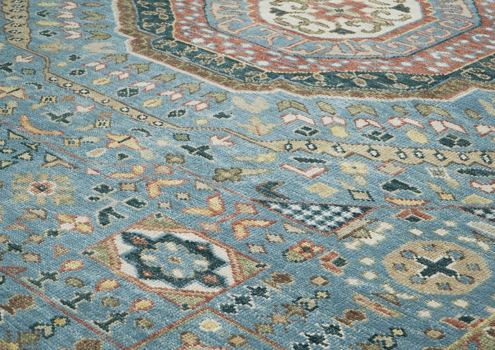 Palace Blue, Rust, Ivory Color Hand Knotted Oushak Wool Traditional Oriental Rug