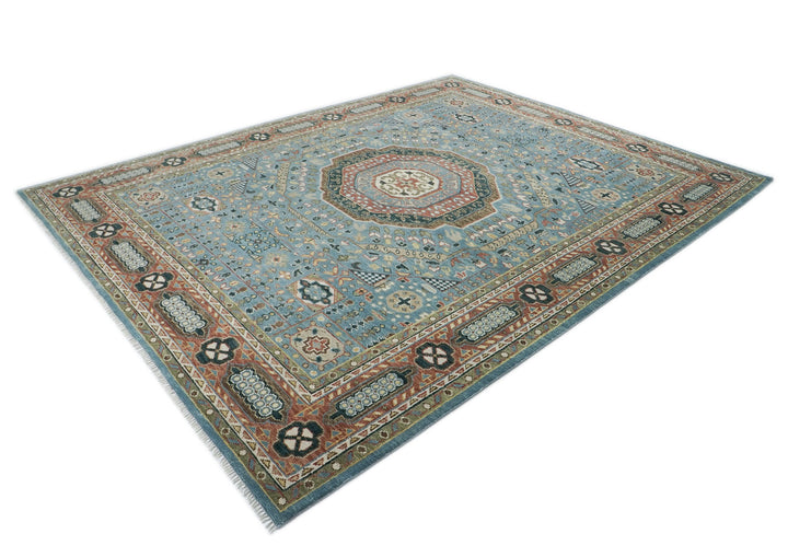 Palace Blue, Rust, Ivory Color Hand Knotted Oushak Wool Traditional Oriental Rug