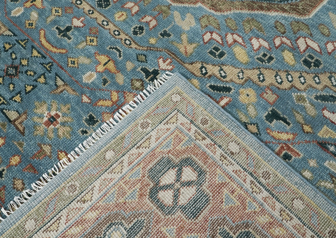 Palace Blue, Rust, Ivory Color Hand Knotted Oushak Wool Traditional Oriental Rug