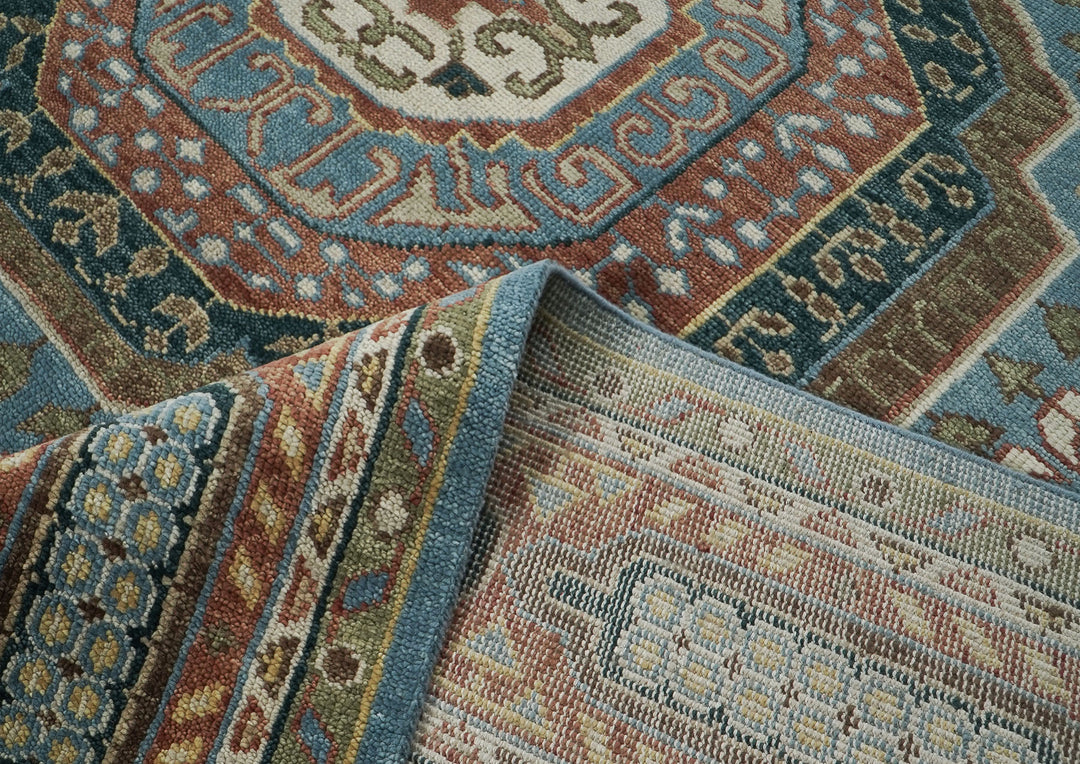 Palace Blue, Rust, Ivory Color Hand Knotted Oushak Wool Traditional Oriental Rug
