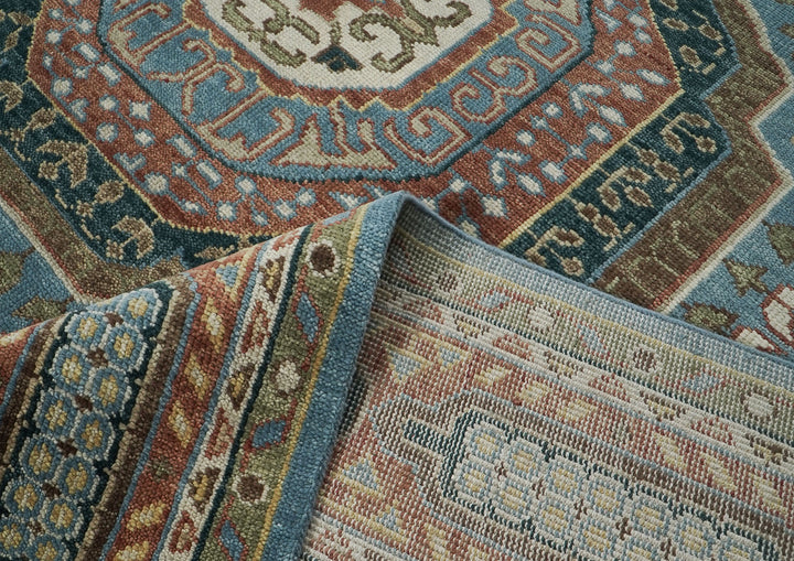 Palace Blue, Rust, Ivory Color Hand Knotted Oushak Wool Traditional Oriental Rug