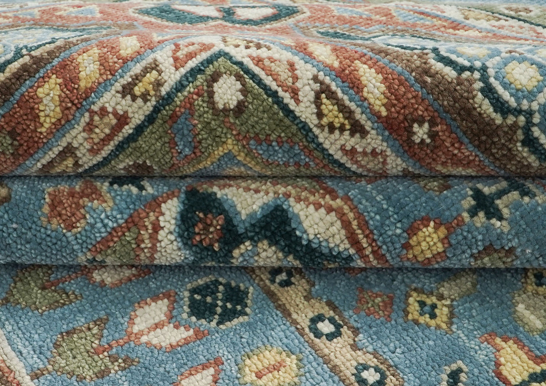 Palace Blue, Rust, Ivory Color Hand Knotted Oushak Wool Traditional Oriental Rug