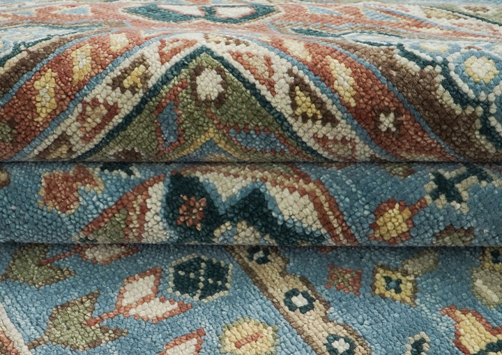 Palace Blue, Rust, Ivory Color Hand Knotted Oushak Wool Traditional Oriental Rug