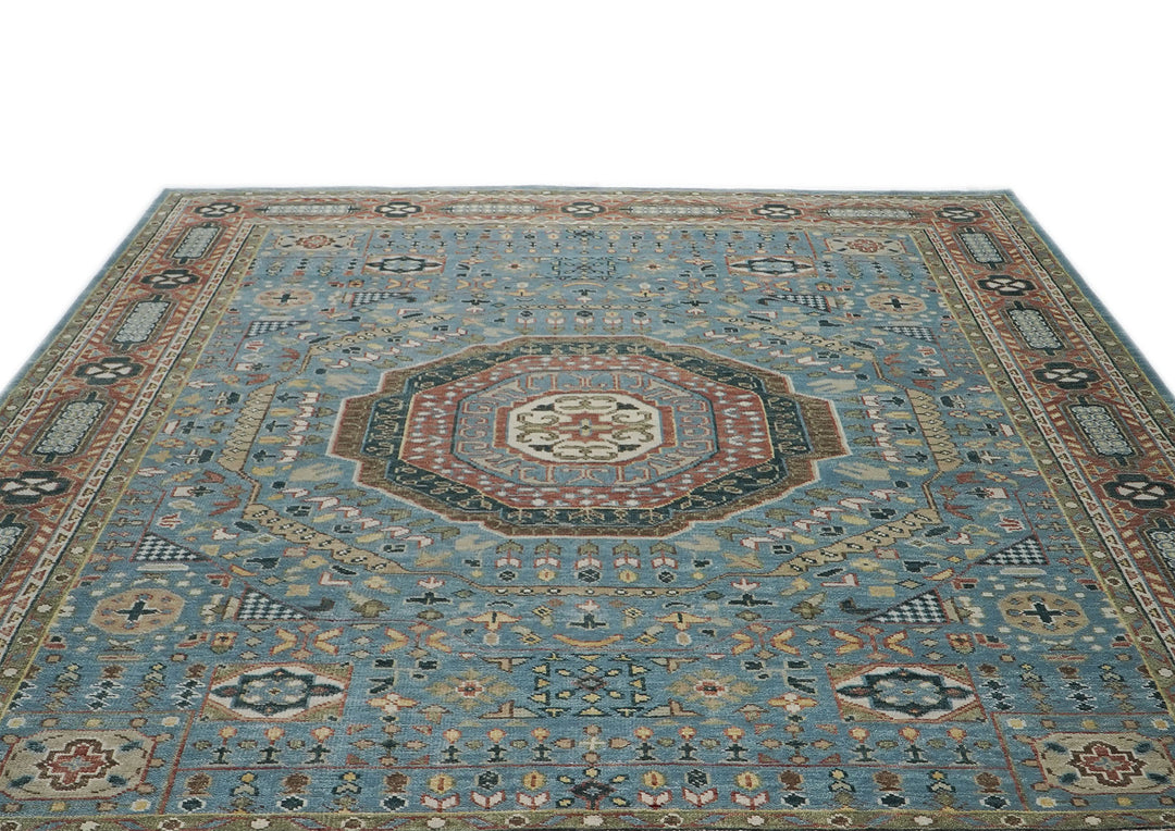 Palace Blue, Rust, Ivory Color Hand Knotted Oushak Wool Traditional Oriental Rug