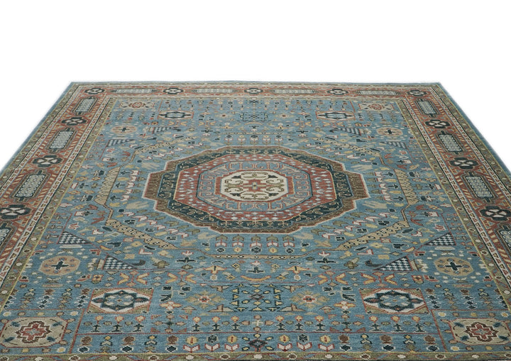 Palace Blue, Rust, Ivory Color Hand Knotted Oushak Wool Traditional Oriental Rug