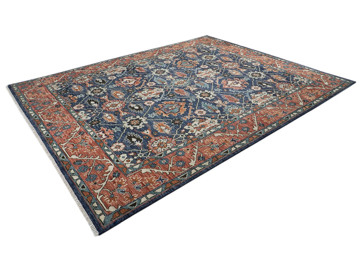 Palace Navy, Burnt Orange, Beige Color Hand Knotted Oushak Wool  Oriental Rug