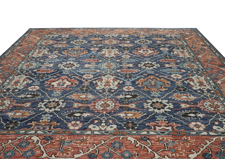 Palace Navy, Burnt Orange, Beige Color Hand Knotted Oushak Wool  Oriental Rug
