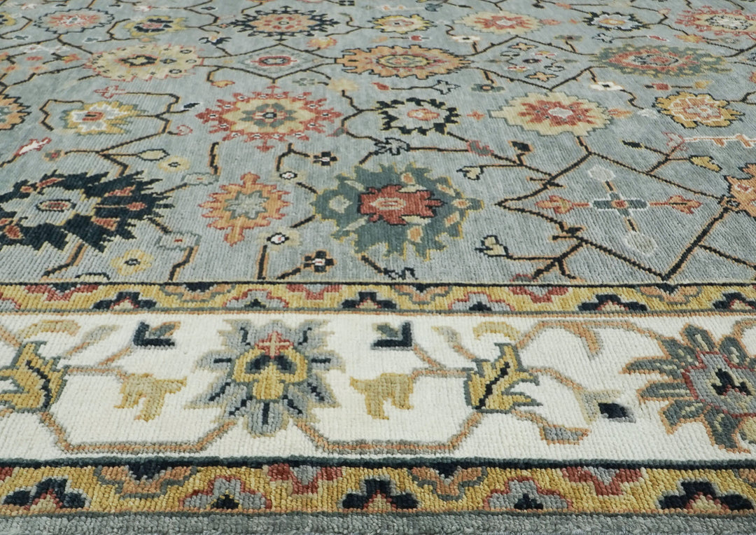 12x15 Slate, Ivory, peach Color Hand Knotted Oushak Wool Arts and Crafts Oriental Rug