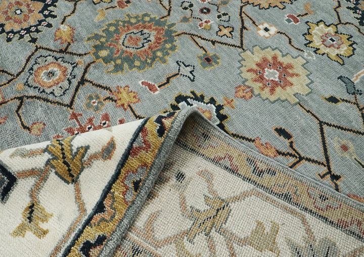 12x15 Slate, Ivory, peach Color Hand Knotted Oushak Wool Arts and Crafts Oriental Rug