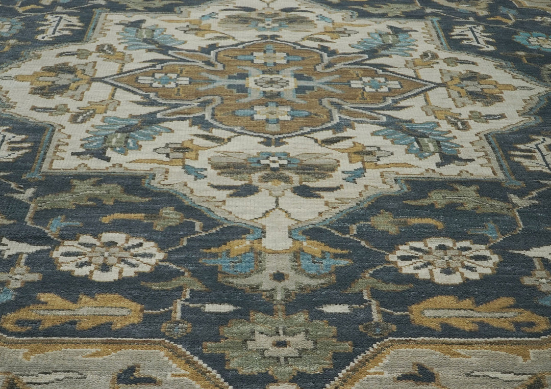 Palace Blue, Gray, Beige Color Hand Knotted Oushak Wool  Oriental Rug
